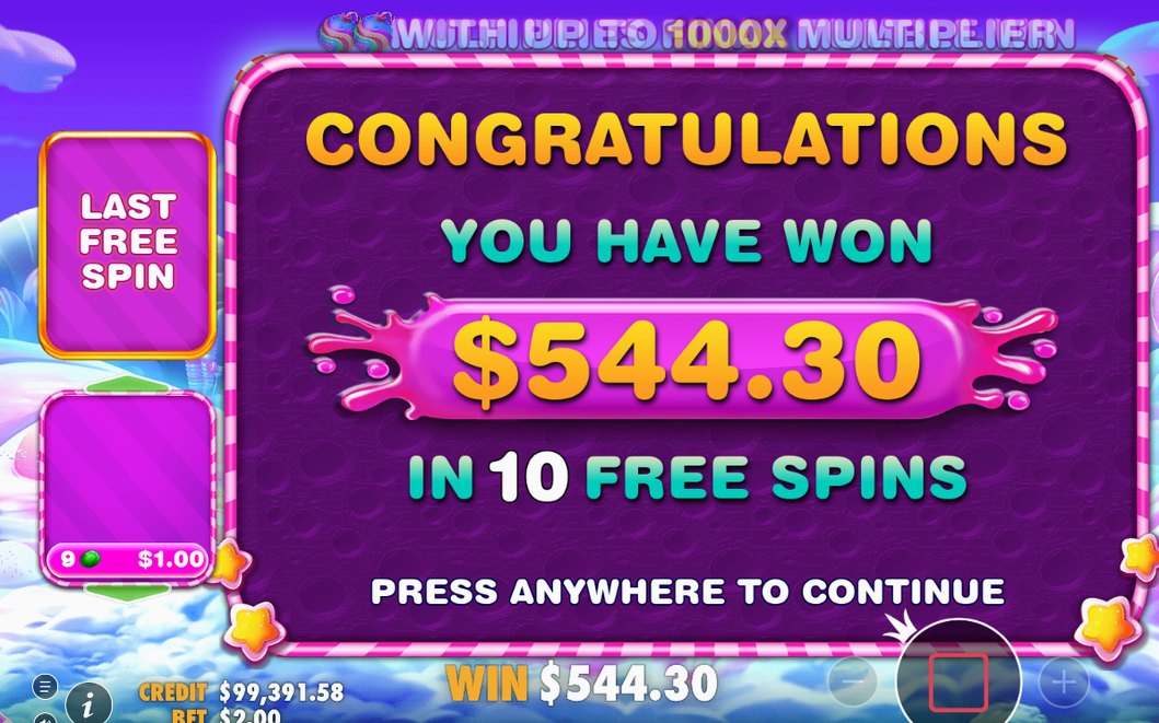 Win screen of a Free Spins sequence with bomb multiplier