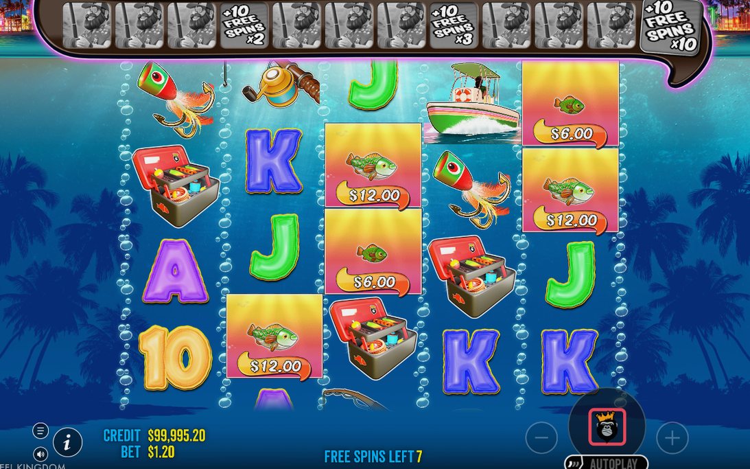 Free Spins round with cash-value fish on the grid