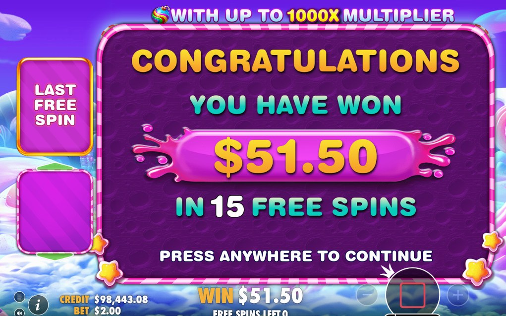 Win screen after tumbles, with the spin total summed